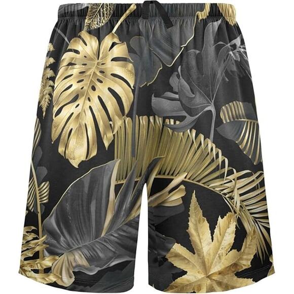 Tropical Palm Leaves Pull On Drawstring Swim Trunks Short Black/Gold Men's 3XL - Picture 2 of 9